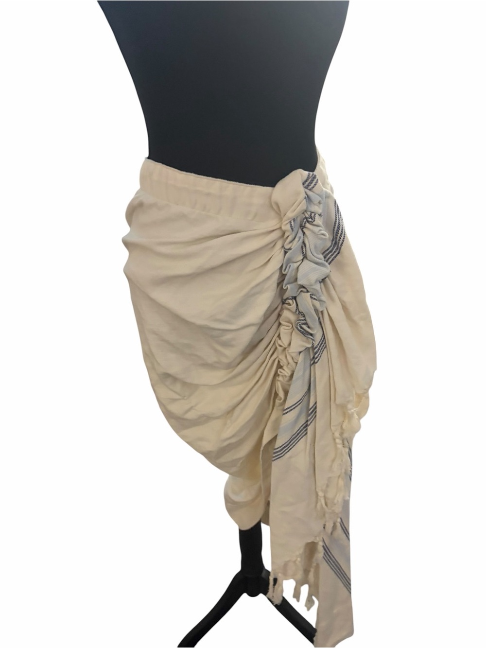 Cream Ruched Wrap Pencil Skirt with Blue Stripe Accent